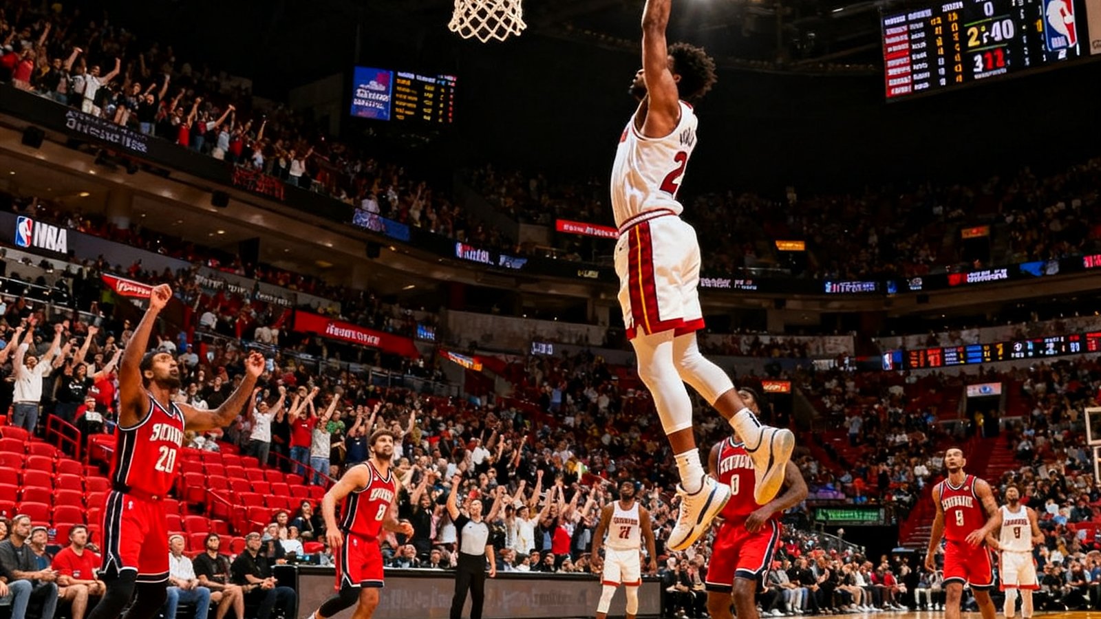 NBA赛场上球员高高跃起完成一记势大力沉的单手暴扣，体育馆内观众沸腾，记分牌显示比分胶着