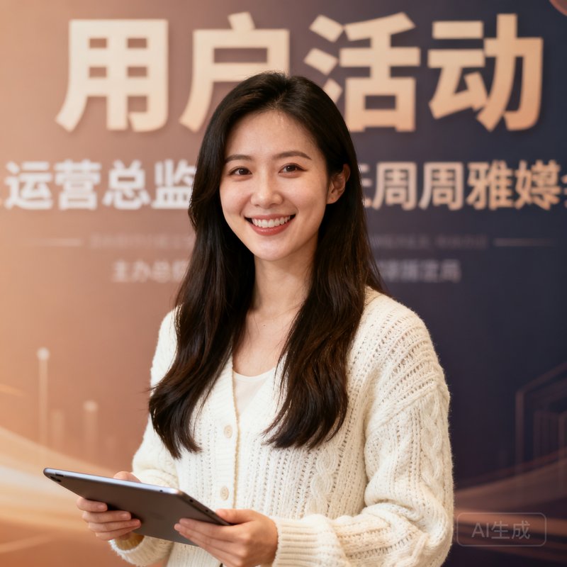 运营总监周雅婷面带温暖笑容的半身照，长发披肩，穿着米白色针织开衫，手持平板电脑站在用户活动背景板前